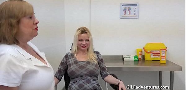  Blonde patient gets a pussy inspection from an older Nurse